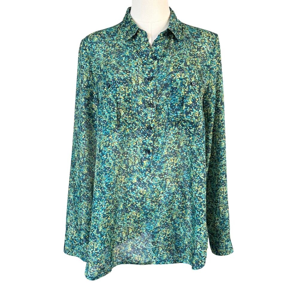 Loft Womens Blouse Lightweight Button Front Sheer Blue Green Floral Size Medium